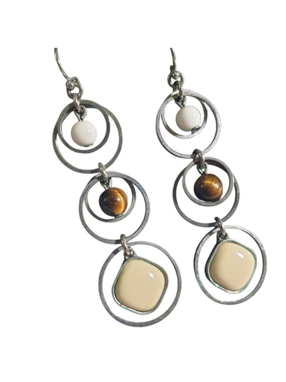 Handmade Dangle Earring Silver Open Circle Three Tier Tiger Eye White Cream Bead
